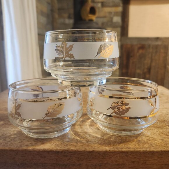 Vintage Libbey Golden Foliage Condiment Server 3 Bowl Metal Caddy MCM Party Set - Picture 10 of 11